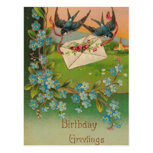 Vintage Birthday Postcard Birds and Flowers
