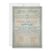 Vintage Blue & Brown Wedding Invitation