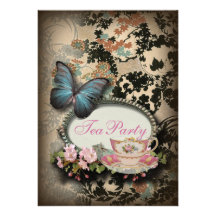 vintage Blue Butterfly floral  bridal tea party Invitations