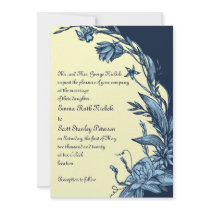 Vintage blue flowers on pale yellow wedding custom invite