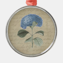 Vintage Blue Hydrangea with Antique Calligraphy Christmas Ornament