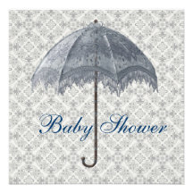 Vintage Blue Parasol Damask Baby Boy Shower Invitations