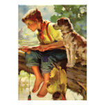 Vintage Boy and Pet Dog Fishing Child Birthday Custom Announcements