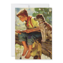 Vintage Boy, Dog Fishing Child Birthday Invitation