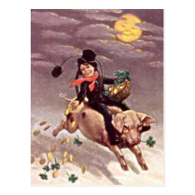 Vintage Boy on Pig Postcard
