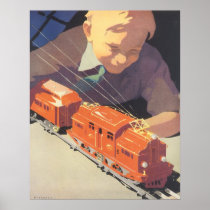 Vintage Boy Playing with His Christmas Train Set Poster