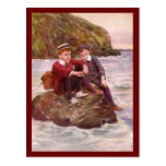 Vintage Boys Sitting On Rock Postcard