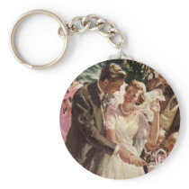 Vintage Bride and Groom Cutting the Cake Keychains