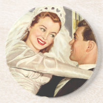 Vintage Bride and Groom; Happy Newlyweds Coaster