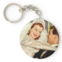 Vintage Bride and Groom; Happy Newlyweds Keychain