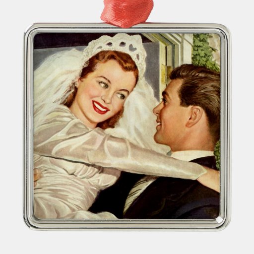 Vintage Bride and Groom; Happy Newlyweds Ornament