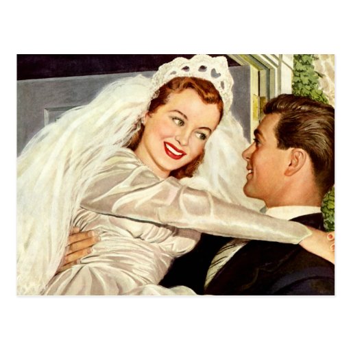 Vintage Bride and Groom; Happy Newlyweds Postcard