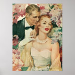 Vintage Bride and Groom Newlyweds and Flowers Poster