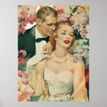 Vintage Bride and Groom Newlyweds and Flowers Poster