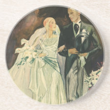 Vintage Bride and Groom; Newlyweds Just Married! Beverage Coasters