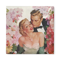 Vintage Bride and Groom, Newlyweds with Flowers Refrigerator Magnet