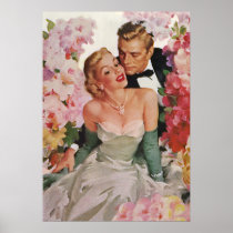 Vintage Bride and Groom, Newlyweds with Flowers Poster