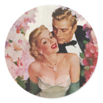 Vintage Bride and Groom, Newlyweds with Flowers Round Sticker