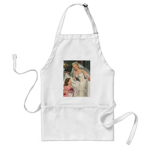 Vintage Bride with Flower Girl on Her Wedding Day Aprons