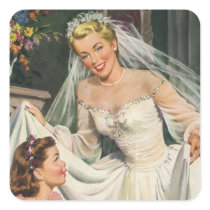 Vintage Bride with Flower Girl Square Sticker