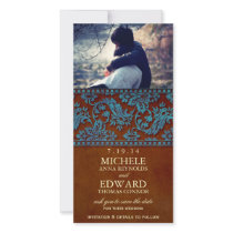 Vintage Brown & Blue Damask Lace Save the Date Photo Greeting Card