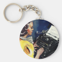 Vintage Business, Admin Secretary Typing a Letter Keychains