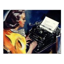Vintage Business, Admin Secretary Typing a Letter Post Card