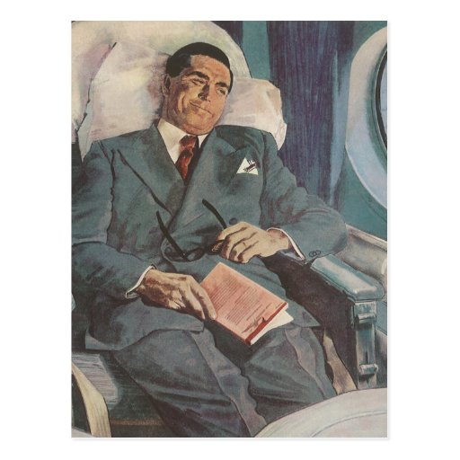 Vintage Business Traveller Reading on the Airplane Postcards