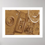 Vintage Cameras - Pencil Drawing in Sepia Tone Posters