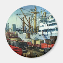 Vintage Cargo Ship Docked Magnet