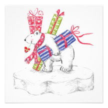 Vintage Cartoon Polar Bear with Christmas Presents Invitation