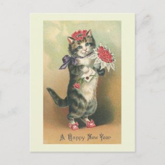 "Vintage Cat Happy New Year" Postcard