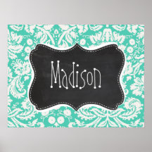 Vintage Chalkboard look; Seafoam Green Damask Print