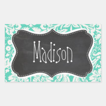 Vintage Chalkboard look; Seafoam Green Damask Rectangle Stickers