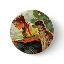 Vintage Child, Boy Fishing with His Pet Dog Pin