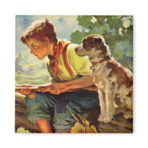 Vintage Child, Boy Fishing with His Pet Dog Magnets
