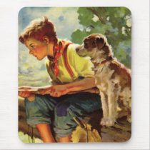 Vintage Child, Boy Fishing with His Pet Dog Mousepad