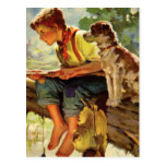 Vintage Child, Boy Fishing with His Pet Dog Mutt Postcards