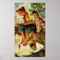 Vintage Child, Boy Fishing with His Pet Dog Print