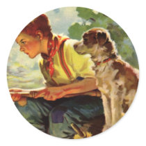 Vintage Child, Boy Fishing with His Pet Dog Round Sticker
