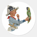 Vintage Child, Boy Playing Pirate with His Parrot Round Stickers