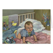 Vintage Child, Cute Baby Playing in Crib, Nap Time Card