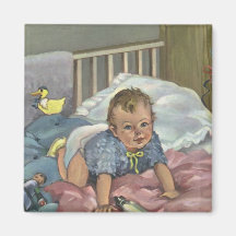 Vintage Child, Cute Baby Playing in Crib, Nap Time Fridge Magnets