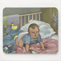 Vintage Child, Cute Baby Playing in Crib, Nap Time Mousepads