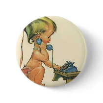 Vintage Child Cute Blonde Girl Talking on Toy Phon