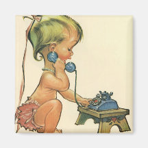 Vintage Child Cute Blonde Girl Talking on Toy Phon Fridge Magnet