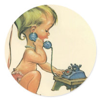 Vintage Child Cute Blonde Girl Talking on Toy Phon