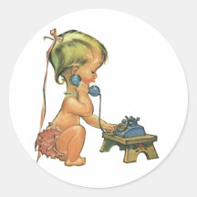 Vintage Child Cute Blonde Girl Talking on Toy Phon Round Stickers