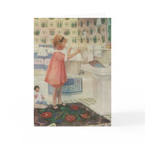 Vintage Child Doing Laundry, Hanging Clothes Card