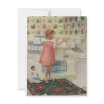 Vintage Child Doing Laundry, Hanging Clothes Custom Announcement